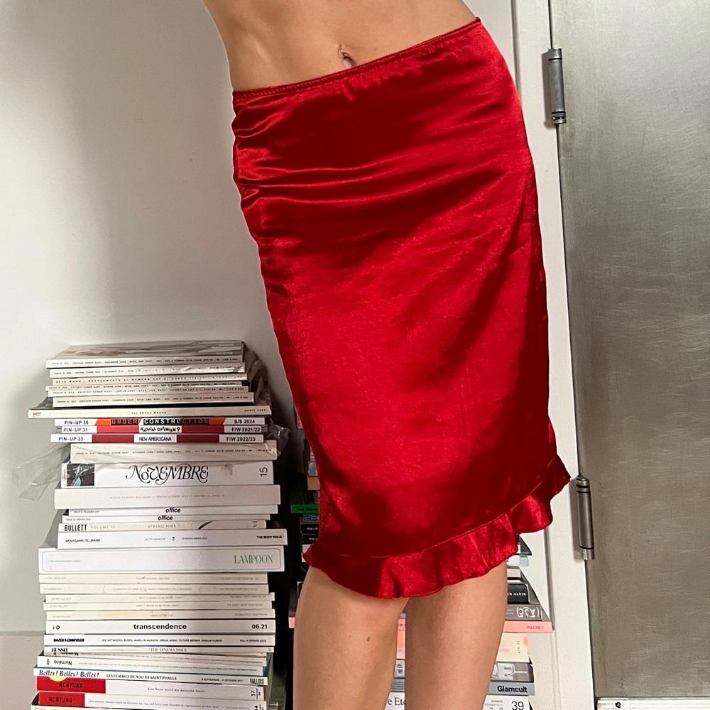 Vintage Red Satin Midi Skirt